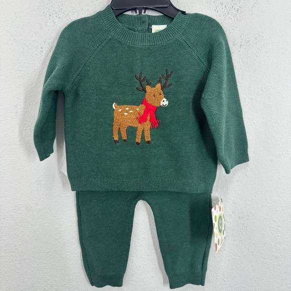 Little Me Sweater Set 3M Green Adorable Reindeer Scarf Knit Christmas Outfit NWT - Picture 1 of 8